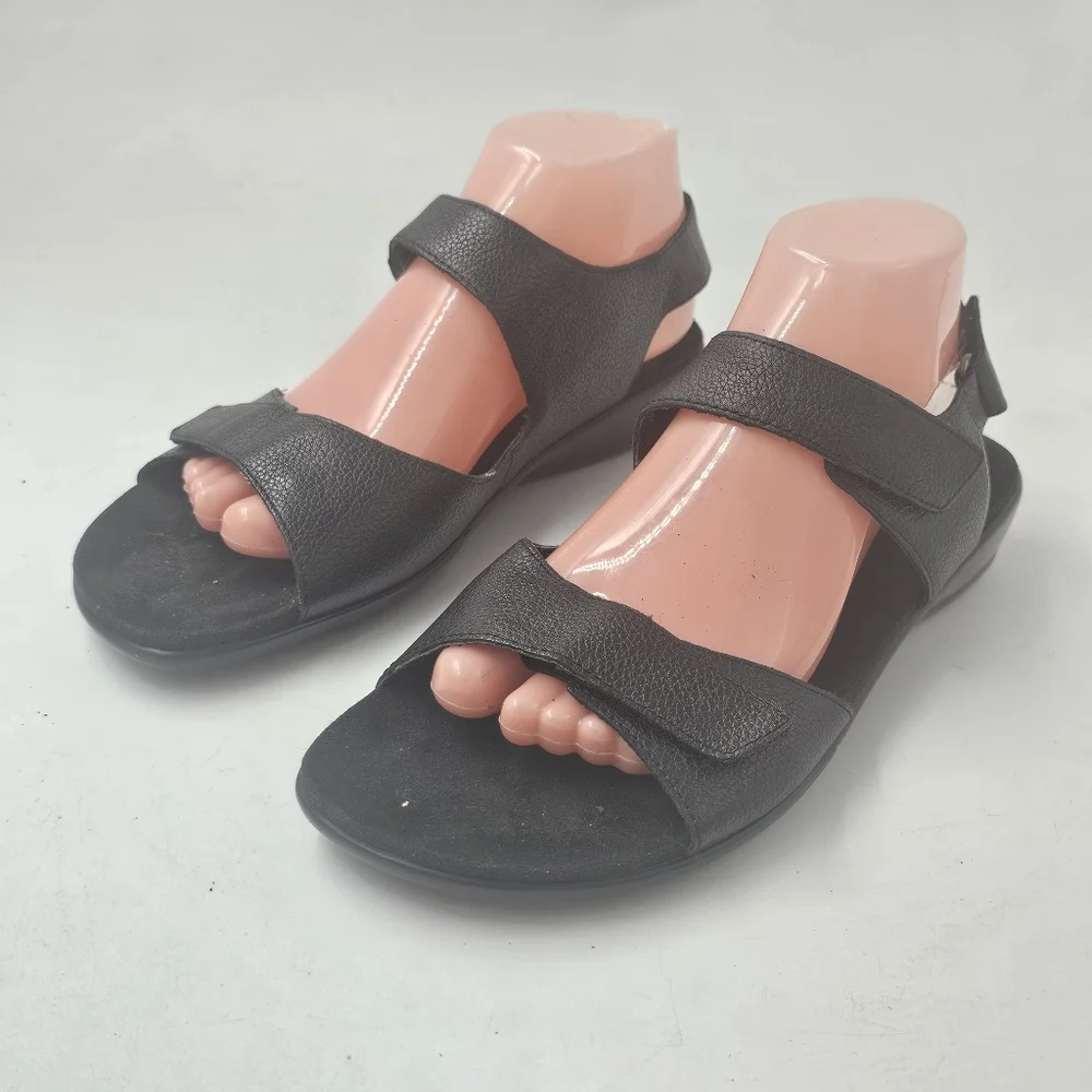 Easy Spirit Hartwell Black Leather Adjustable Comfort Sandals Wedge Size 9.5